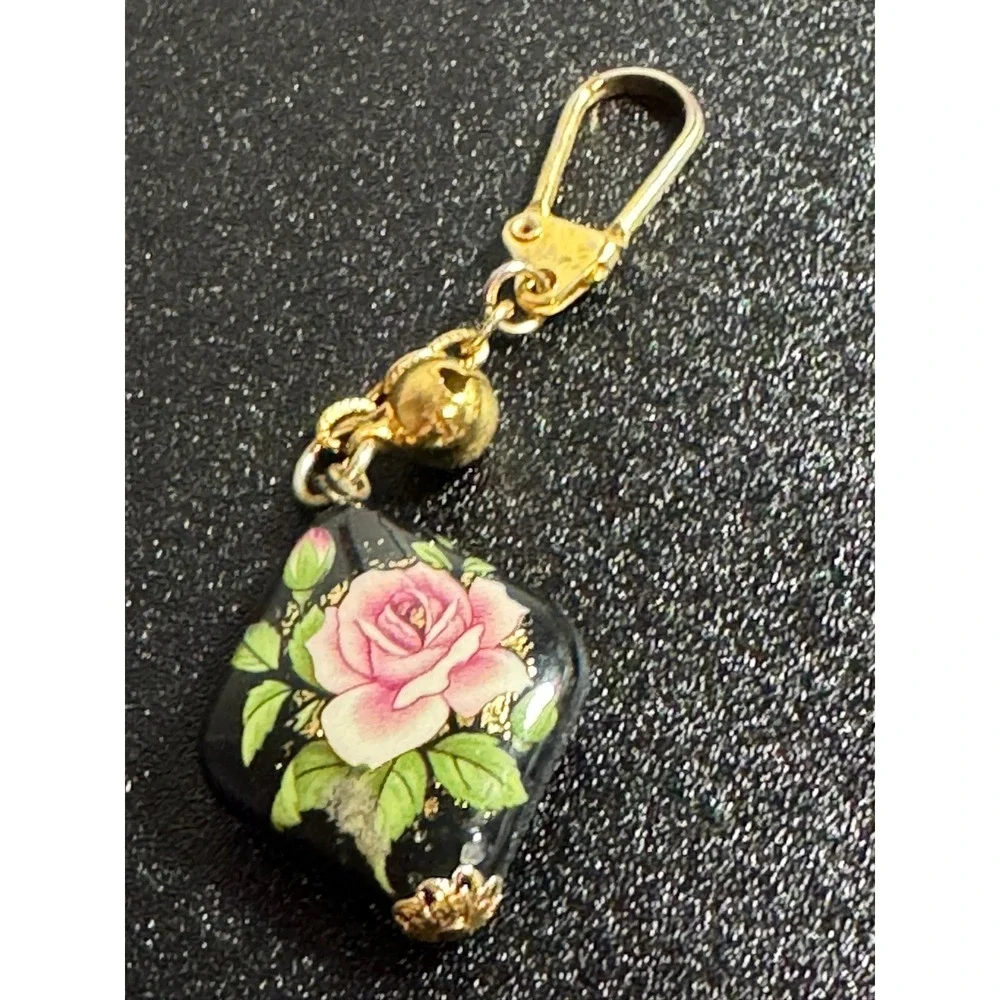 Dainty‎ Rose Charm Keychain Gold Tone Bell Floral Art Black Enamel Pendant
